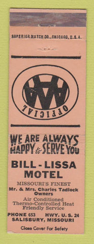 Matchbook Cover - Bill Lissa Motel Salisbury MO