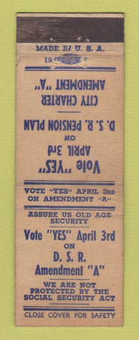 Matchbook Cover - DSR Pension Plan Vote Detroit? MI WEAR