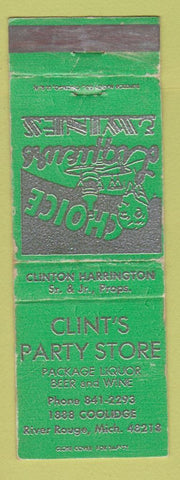Matchbook Cover - Clint's Party Store River Rouge MI liquor WEAR