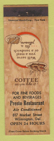 Matchbook Cover - Presto Restaurant Wilmington DE