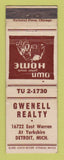 Matchbook Cover - Gwenell Real Estate Detroit MI