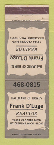 Matchbook Cover - Frank D'Luge Real Estate Mount Clemens MI WEAR