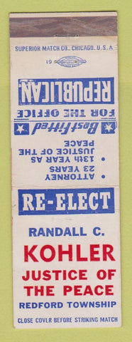 Matchbook Cover - Randall Kohler Justice of Peace Election Redford Township MI