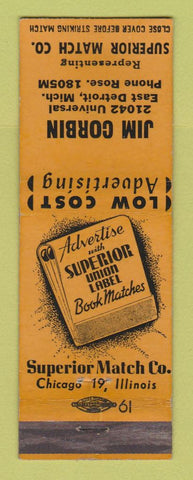 Matchbook Cover - Superior Match Jim Corbin East Detroit MI