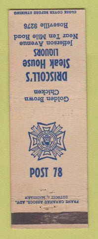 Matchbook Cover - Driscoll's Steak House Roseville MI VFW