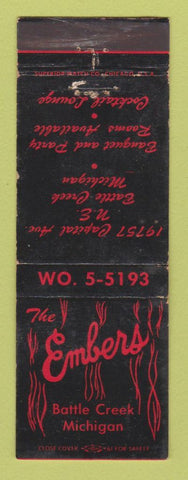 Matchbook Cover - Embers Restaurant Battle Creek MI WORN