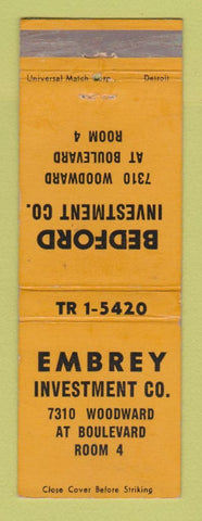 Matchbook Cover - Bedford Investment Embrey Detroit MI Loans WEAR