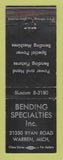 Matchbook Cover - Bending Specialties Warren MI WEAR