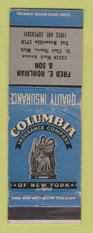Matchbook Cover - Columbia Insurance Fred Rohlman St Clair Shores MI WORN