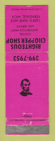 Matchbook Cover - Richteous Chopper Shop Ferndale MI Motorcycles Abraham Lincoln