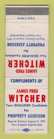 Matchbook Cover - James Fred Witcher Property Assessor Election Detroit MI 1972