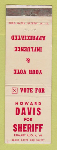 Matchbook Cover - Howard Davis for Sheriff Election 1964 Detroit? WEAR