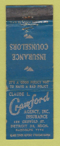 Matchbook Cover - Claude Crawford Insurance Detroit MI WORN