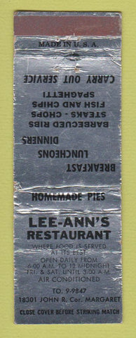 Matchbook Cover - Lee Ann's Restaurant  Detroit MI WEAR