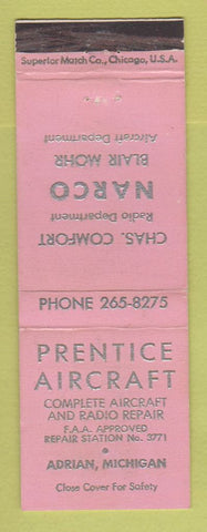 Matchbook Cover - Prentice Aircraft Adrian MI repair