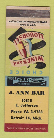 Matchbook Cover - J Ann Bar Detroit MI