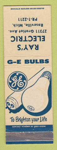 Matchbook Cover - GE General Electric Light Bulbs Ray's Electric Roseville MI