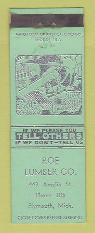 Matchbook Cover - Roe Lumber Plymouth MI
