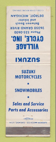 Matchbook Cover - Village Motorcycle Suzuki Detroit MI Snowmobiles WORN
