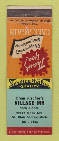 Matchbook Cover - Clem Fischer's Village Inn ST Clair Shores MI