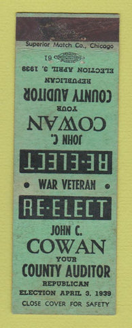 Matchbook Cover - John Cowan County Auditor 1939 Detroit? MI