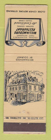 Matchbook Cover - Williamsburg Resetaurant VA