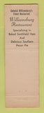 Matchbook Cover - Williamsburg Resetaurant VA