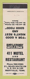 Matchbook Cover - 411 Motel Restaurant Maryville TN