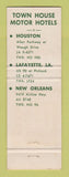 Matchbook Cover - Town House Hotels Houston TX Lafayette New Orleans LA