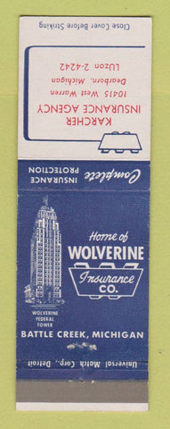 Matchbook Cover - Wolverine Insurance Karcher Dearborn MI