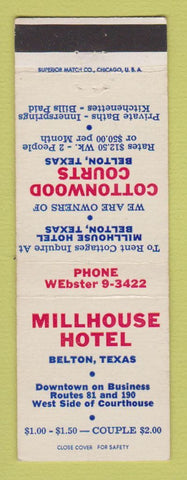 Matchbook Cover - Millhouse Hotel Belton TX Cottonwood Courts