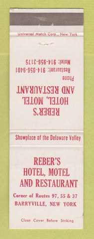 Matchbook Cover - Reber's Hotel Motel Restaurant Barryville NY