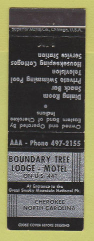 Matchbook Cover - Boundary Tree Lodge Motel Cherokee NC