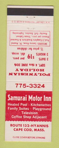 Matchbook Cover - Samurai Motor Inn Hyannis MA Cape Cod