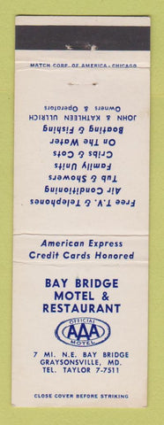 Matchbook Cover - Bay Bridge Motel Resetaurant Graysonsville MD