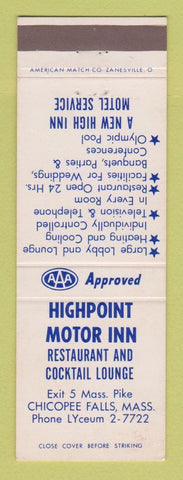 Matchbook Cover - Highpoint Motor Inn Chicopee Falls MA