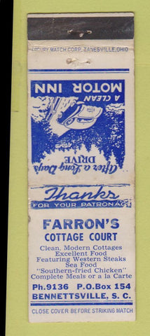 Matchbook Cover - Farron's Cottage Court Motel Bennettsville SC WORN