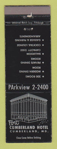 Matchbook Cover - Fort Cumberland Hotel Cumberland MD
