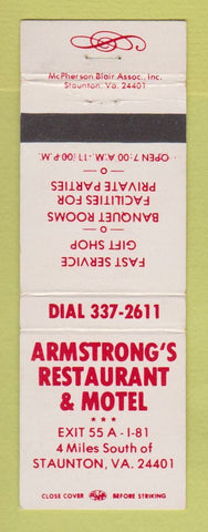 Matchbook Cover - Armstrong's Restaurant Motel Staunton VA
