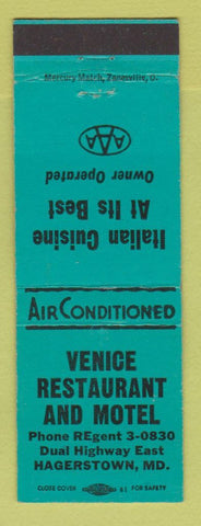 Matchbook Cover - Venice Restaurant and Motel Hagerstown MD TEAL