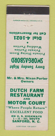 Matchbook Cover - Dutch Farm Restaurant Motel Sanford NC