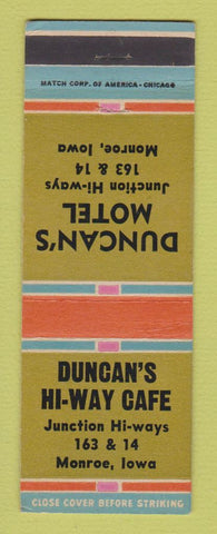 Matchbook Cover - Duncan's HI Way Cafe Motel Monroe IA