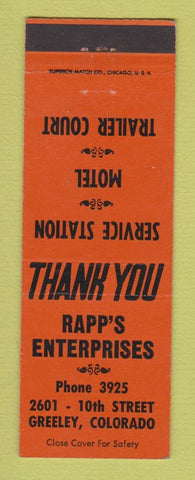 Matchbook Cover - Rapp's Motel oil gas Trailer Park Greeley Colorado ORANGE