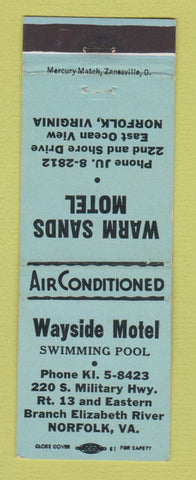 Matchbook Cover - Wayside Motel Norfolk VA Warm Sands Motel