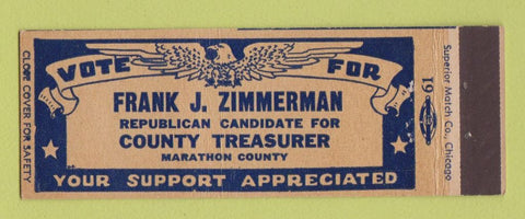 Matchbook Cover - Frank J Zimmerman County Treasurer Election Marathon County WI