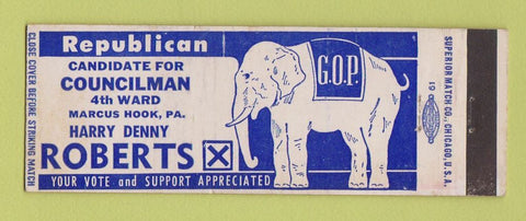 Matchbook Cover - Harry Denny Roberts Councilman Election Marcus Hook PA