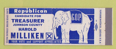 Matchbook Cover - Harold Milliken Treasurer Election Johnson County