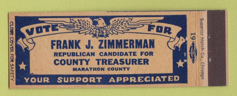 Matchbook Cover - Frank J Zimmerman County Treasurer Election Marathon County WI