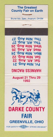 Matchbook Cover - Darke County Fair Greenville OH 1992 Horse Harness Racing