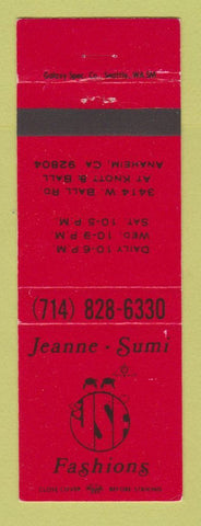 Matchbook Cover - Jeanne Sumi Clothes Anaheim CA RED